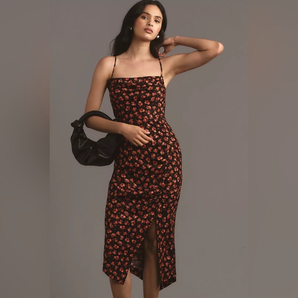 Anthropologie Black Midi Dress with Red Floral Print